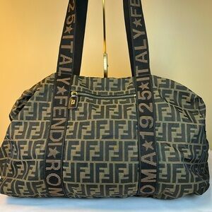 Fendi Zucca Large Bag Tote Fabric Leather Trim Made in Italy